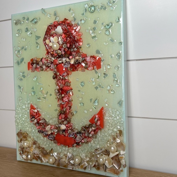Pearls Shells Beach Anchor Resin Painted Canvas. Size 11” x 14”. - Picture 5 of 16